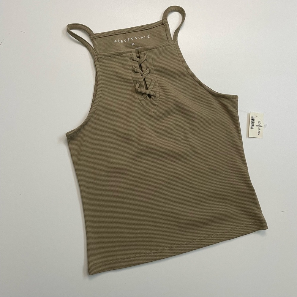 Aeropostale Tank Top Cropped Ribbed Lace Up High Neck Square Green Beige Tan